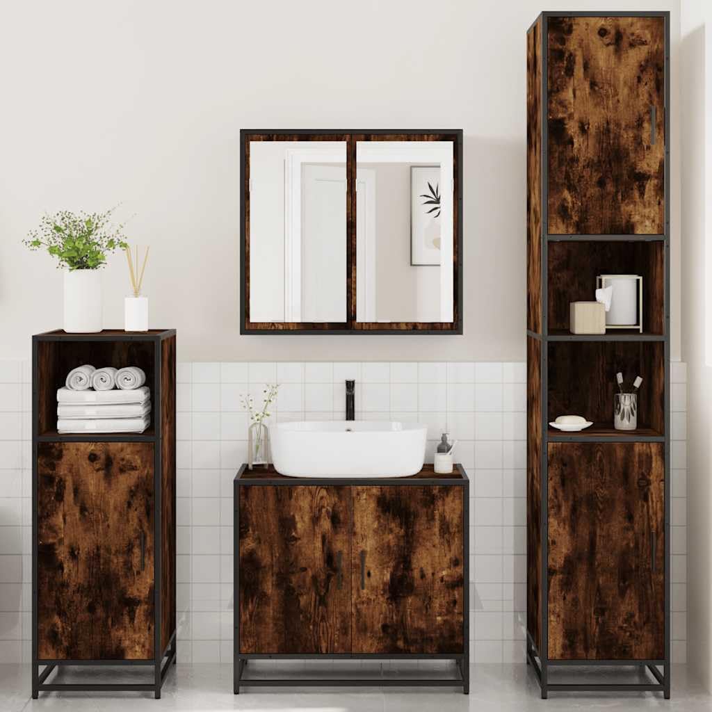 Set di mobili da bagno in 4 pezzi legno intagliato rovere affumicato