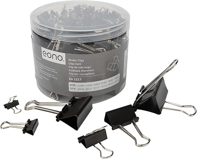 Amazon Brand - Eono Black Binder Clips, 100pcs Assorted Size Foldback Metal Binder Paper Clamps for Paperwork, Extra Small Medium Large 6 Sizes - 51mm, 41mm, 32mm, 25mm, 19mm, 15mm