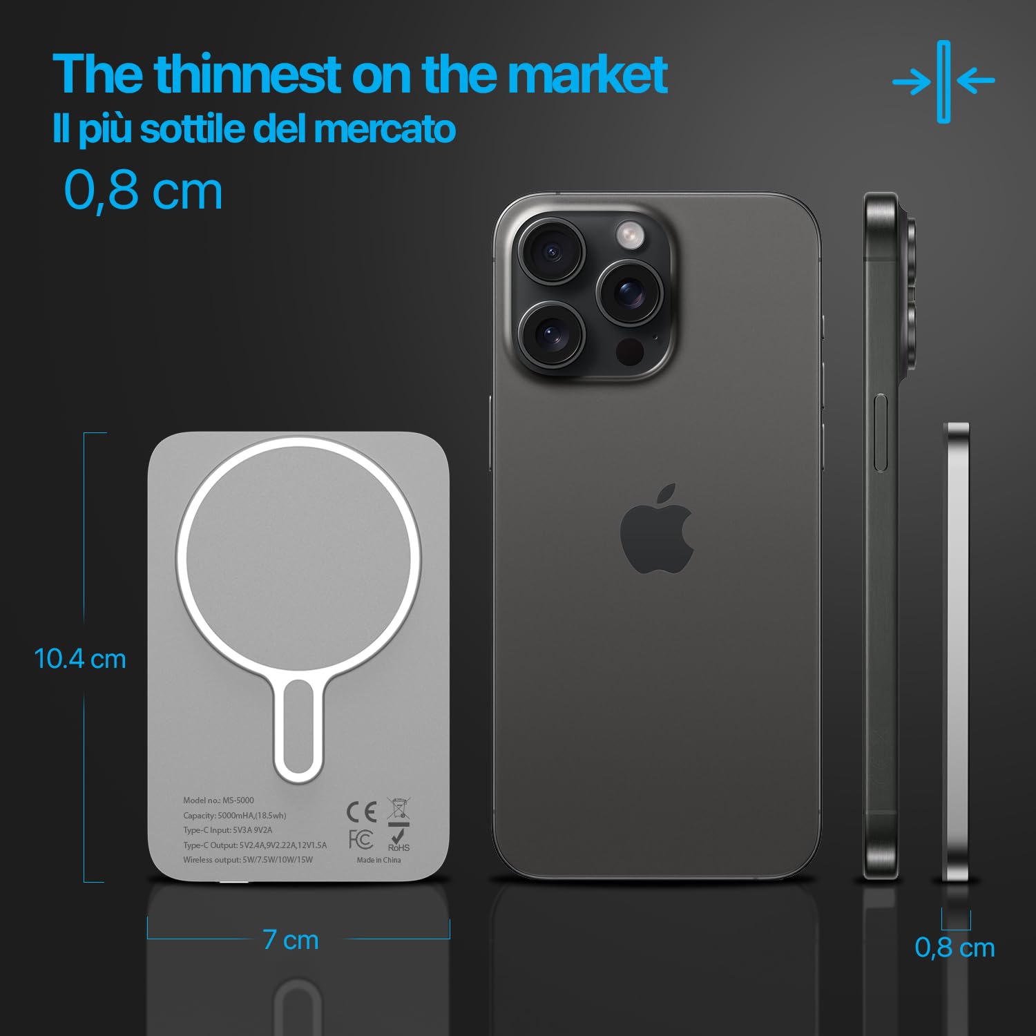 Cable Technologies MagSafe Powerbank 5000 mah bezprzewodowy magnetyczny USB-C PD20W Slim Quick Charge, Zewnętrzna bateria Power Bank, uniwersalna przenośna ładowarka do iPhone'a i innych smartfonów