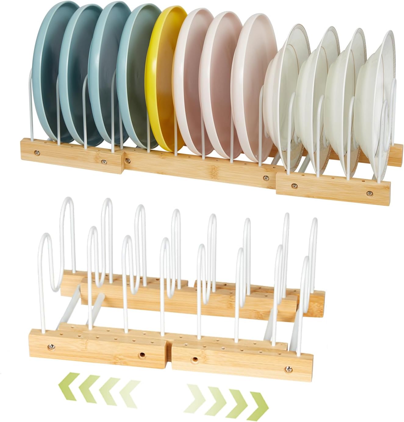Bamboo Dish Drying Rack Dish Organizer for Cabinet, 3 in 1 Stable Plate Stand Organizer with 26 Slots +14 Dividers for Kitchen Counter,Expandable Plate Holder Rack for Dish, Pot Lid,Cutting Board