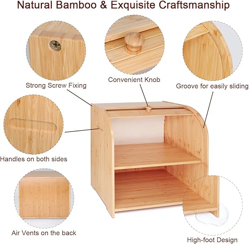 Miniatura 4 de Caja de pan de bambú para encimera de cocina, doble capa Roll-top cajas de almacenamiento de pan conservador de alimentos con estante medio ajustable
