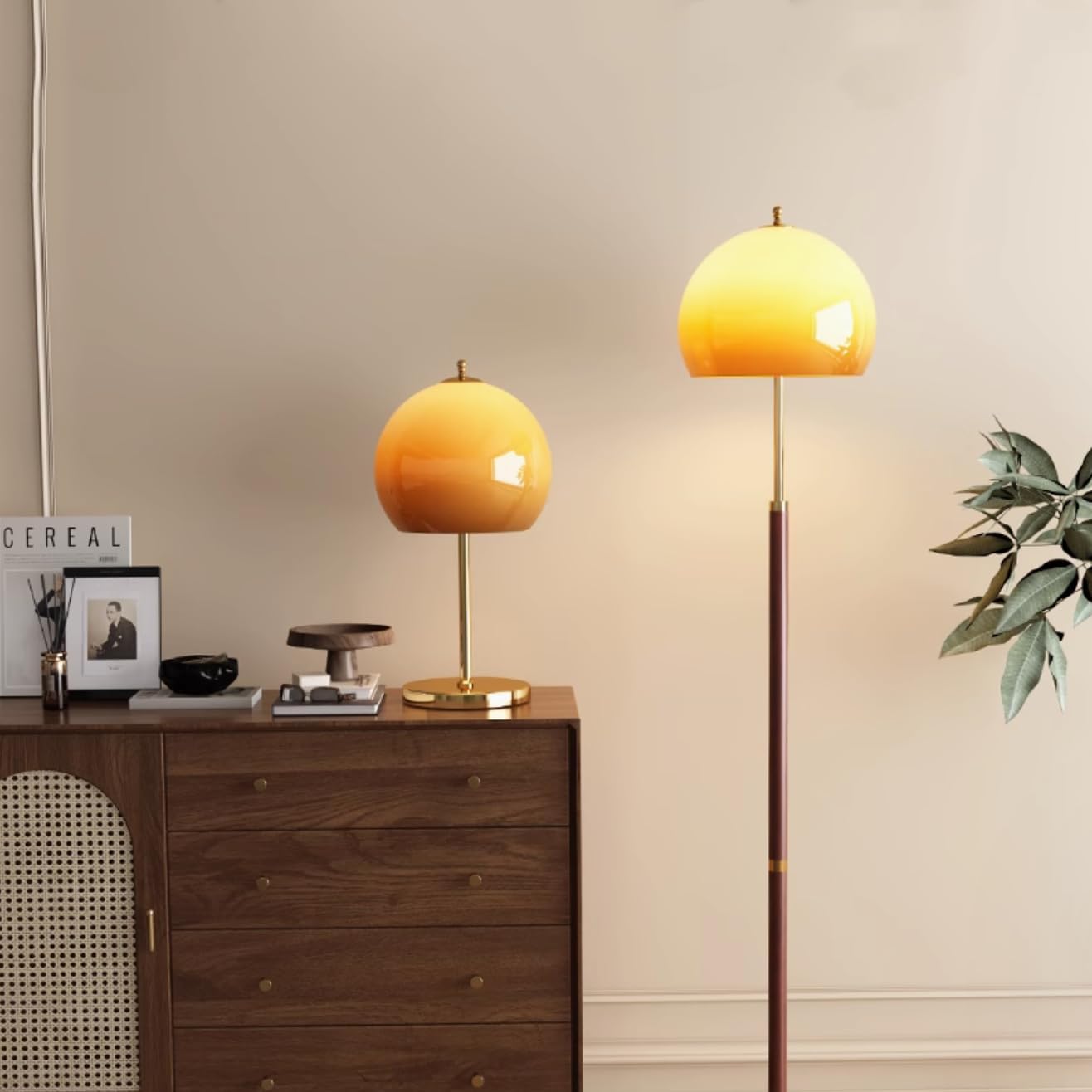 Mid-Century Modern Table Lamp Orange Glass Bedside Lamps Nordic Mushroom Lamp Dome Shaped Bauhaus Desk Lamp Art Deco Reading Light for Living Room Bedroom - Gold Base