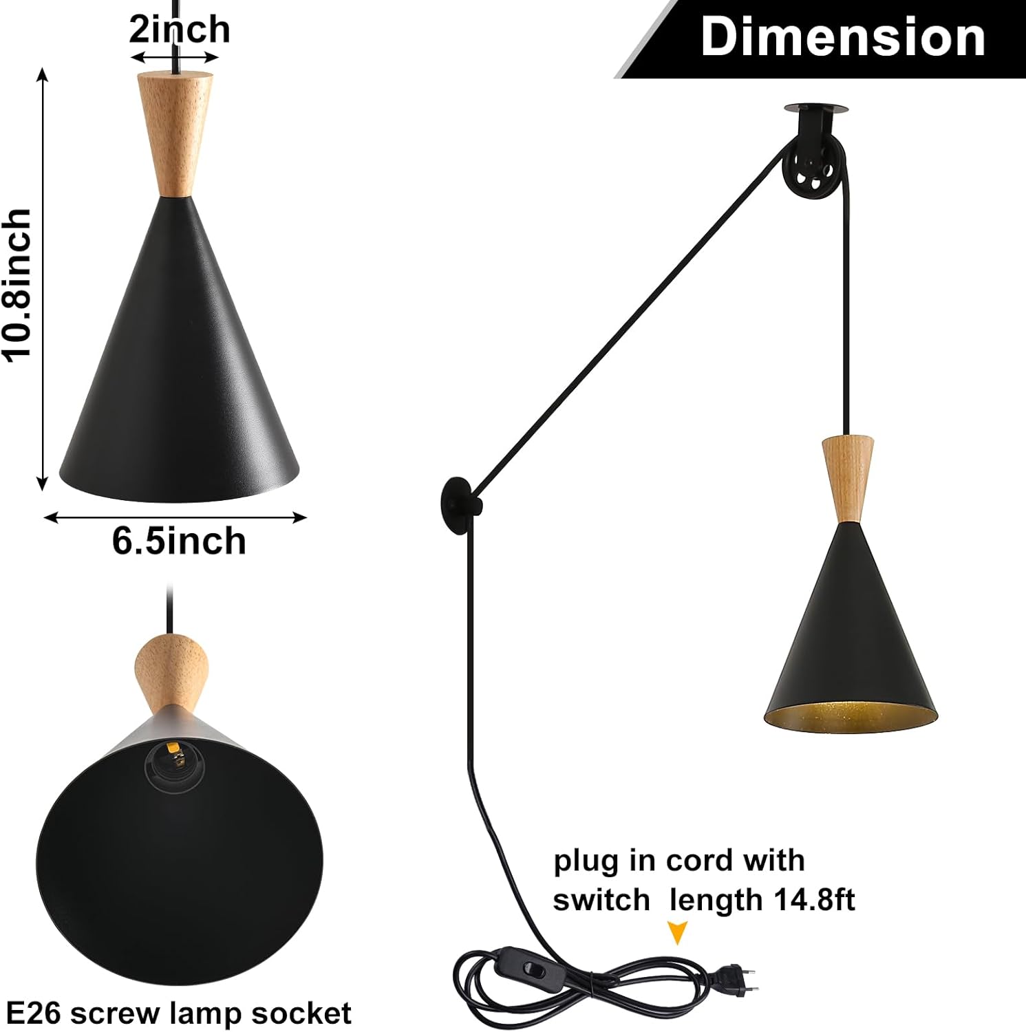 Modern pulley plug in Pendant Light with cord, Adjustable chandelier hanging lamps that plug into wall outlet for Kitchen Island, Bedroom, Living room, Dining Room, Contemporary wall Décor black)