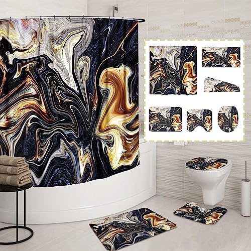 6 Pcs Shower Curtain Set 6 Pcs Bathroom Set Marbling Shower Curtain Set Waterproof Shower Curtain 6 Pcs Set with Carpet, Hair Towel, Large Towel Waterproof Bathroom Accessories (Marbling C , 72×72 in)
