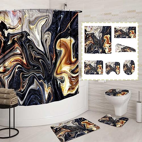 6 Pcs Shower Curtain Set 6 Pcs Bathroom Set Marbling Shower Curtain Set Waterproof Shower Curtain 6 Pcs Set With Carpet, Hair Towel, Large Towel Waterproof Bathroom Accessories (Marbling C , 72×72 In) #TOP30