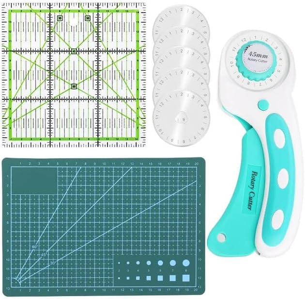 IMZAY 8 Pcs Rotary Cutter Kit With Cutting Mat Patchwork Ruler And 5 Pcs Blades DIY Leather Craft Tools Set For Cloths Fabric - (Color: sky blue)