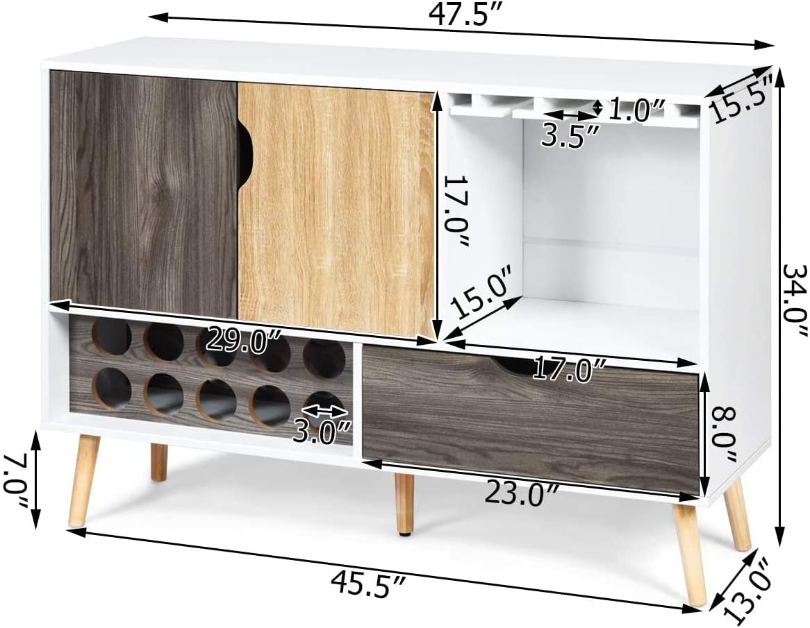 LUARANE Modern Buffet Sideboard, Wooden Kitchen Cupboard with 10 Bottle Wine Rack 3-Row Glass Holder Storage Shelves Drawer, Console Table for Dinging Room Living Room, White & Wood