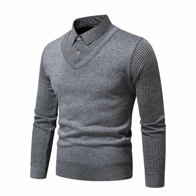 Pull tricoté chaud automne hiver chaud peluche col de chemise patchwork - 3