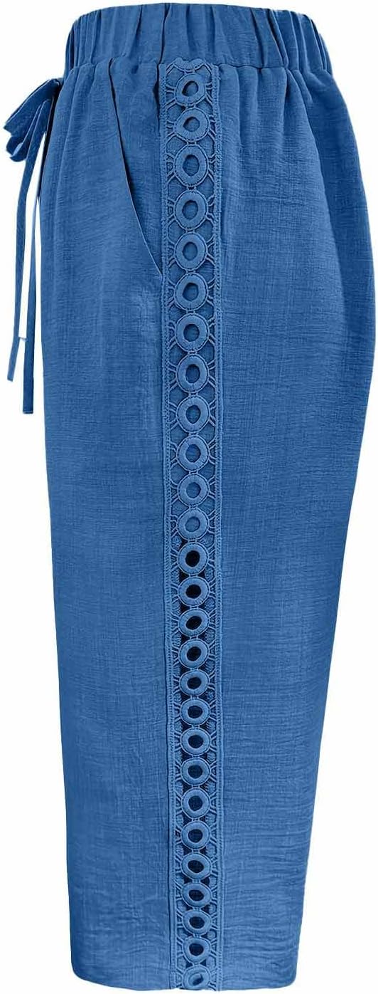 Womens Cotton Linen Shorts Drawstring Casual Straight Leg Hollow Out Short Pants for Summer Beach Vacation