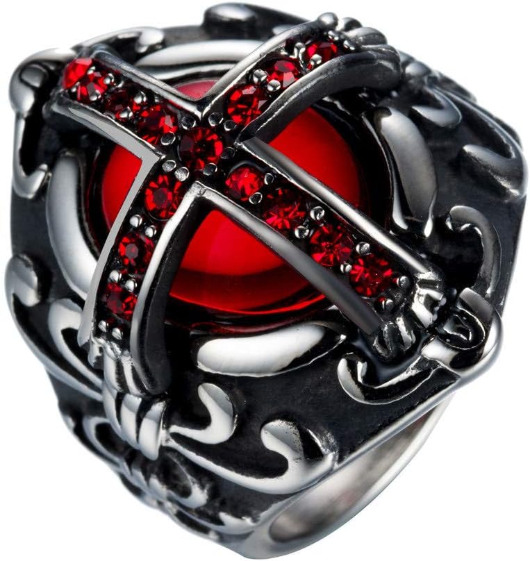 Men's Stainless Steel Vintage Ruby Stone Cross Ring Silver Black Gothic Biker Signet Rings