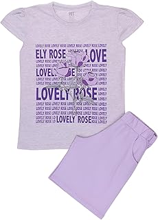 طقم بيجامة للبنات من 2 قطعتين، تيشرت نصف كم وشورت مطبوع عليه زهور جميلة من بابيون