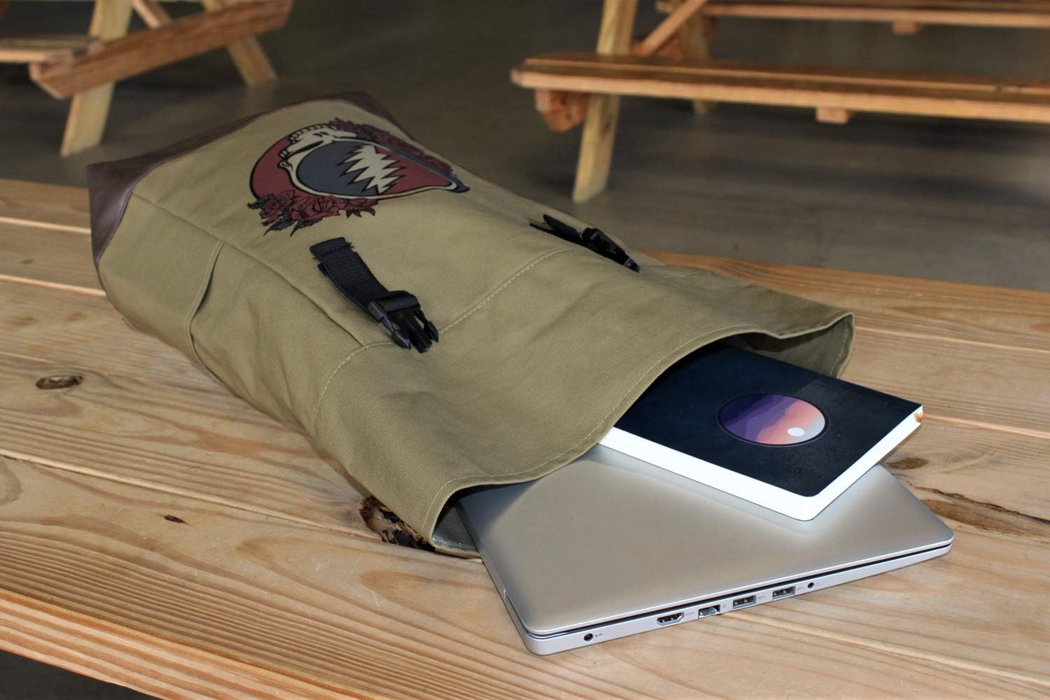 Ripple Junction Grateful Dead Canvas Roll Top Backpack Bag w/Vegan Leather Reinforced Bottom Dual Adjustable Shoulder Straps Steal Your Face Logo Officially Licensed