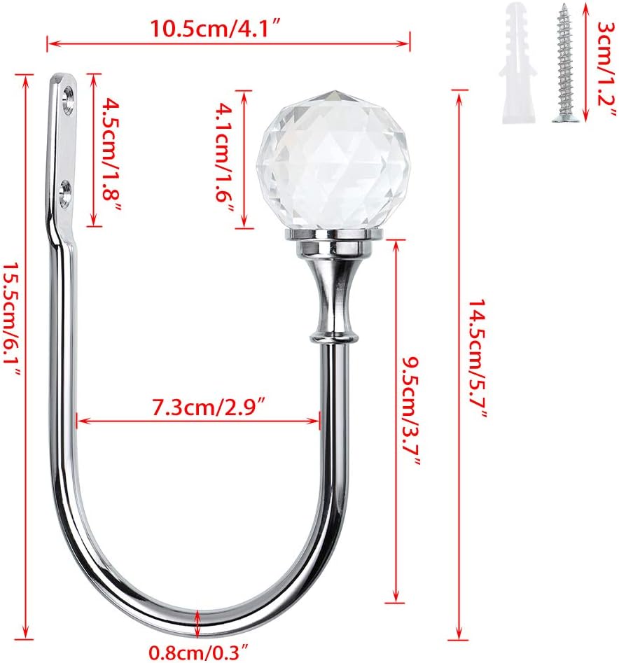 Sumnacon 2 Pcs Metal Curtain Holdbacks with Clear Crystal Ball, Decorative Wall Mounted Drapery Tiebacks with Screws, Heavy Duty Window Treatment Holdbacks for Home Decor, Silver : Home & Kitchen