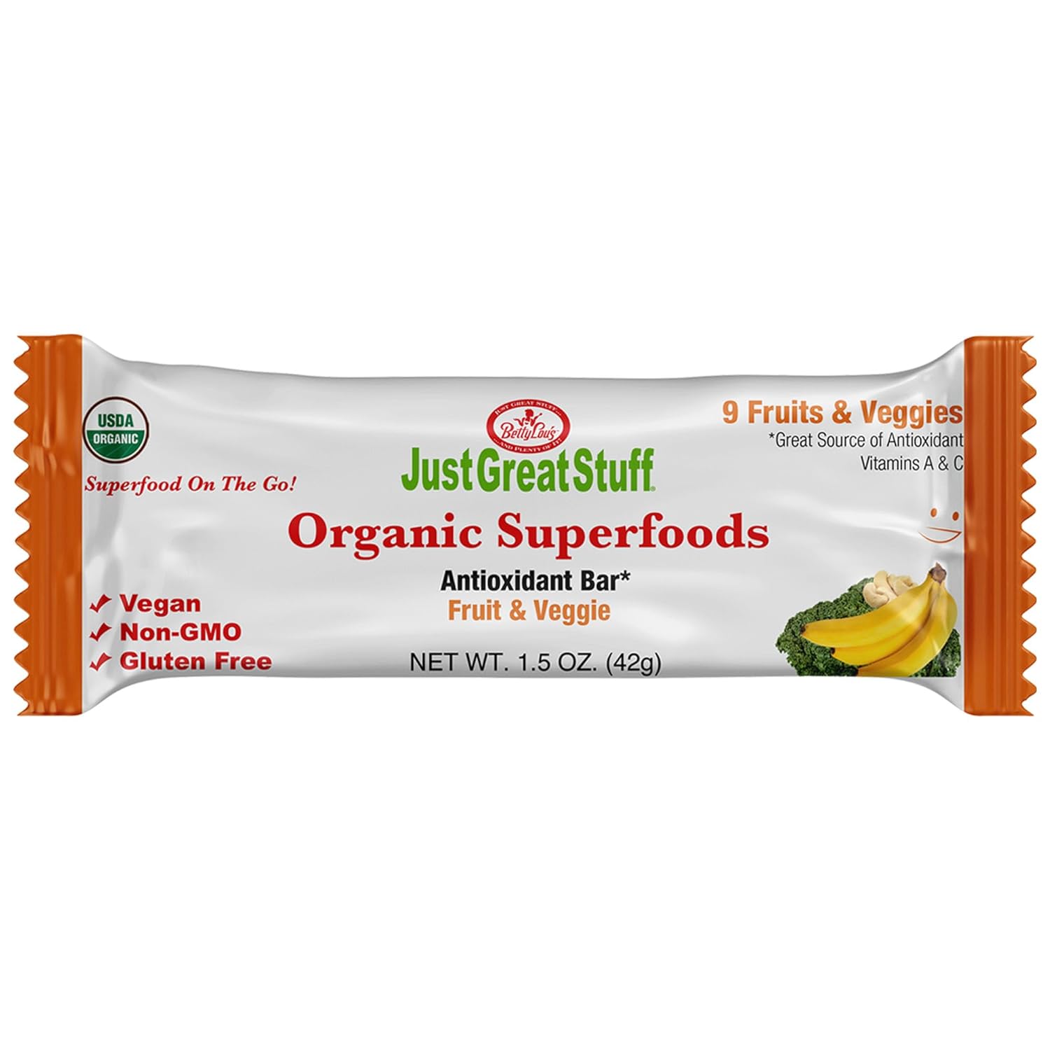 Just Great Stuff Organic Protein Bars, Superfood Fruit and Vegetable Bars, Gluten Free, Vegan, Non GMO, Snacks for Adults & Kids, Individually Wrapped, Fruits & Veggies, 12 Pack
