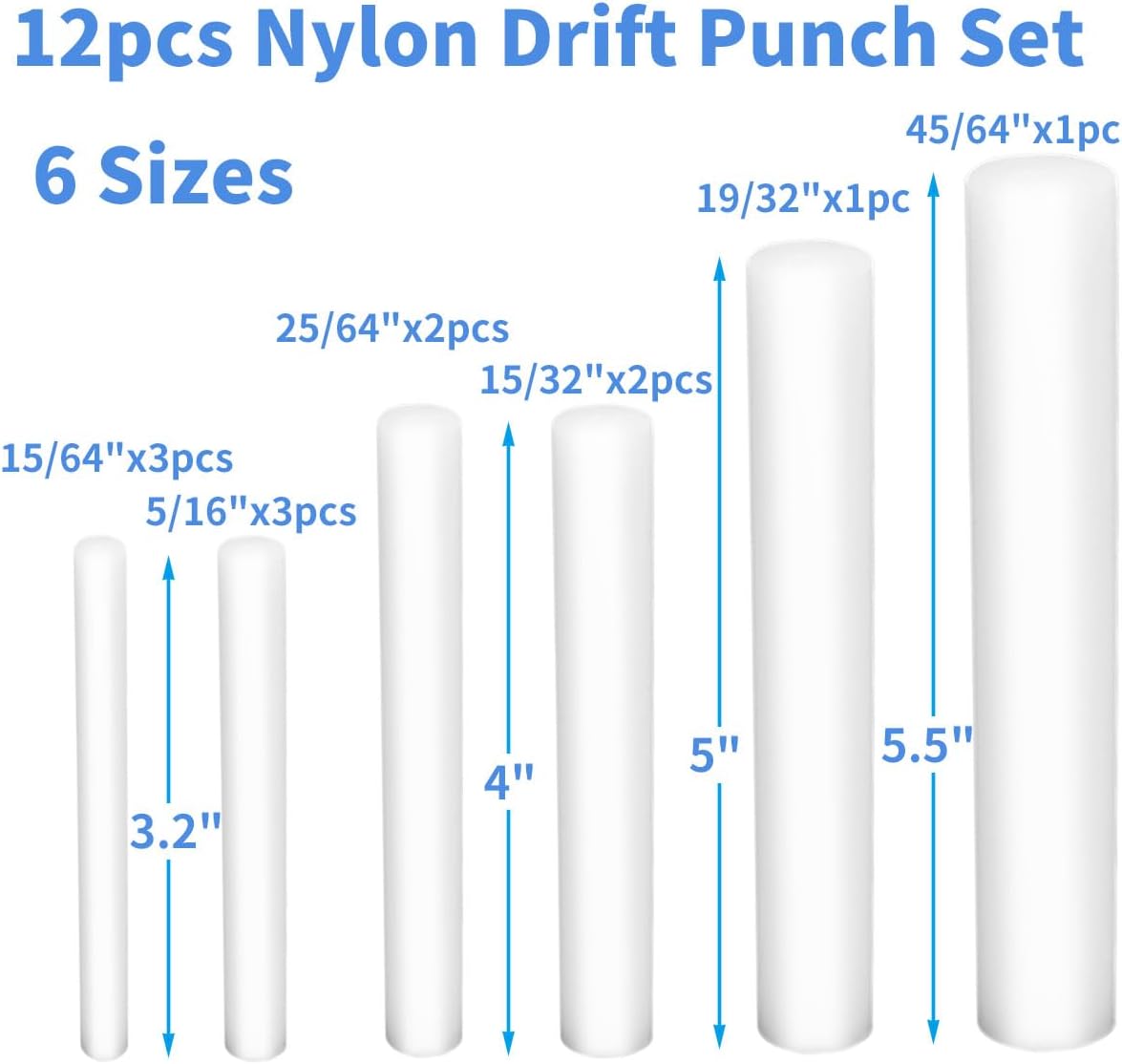 12 Pcs Nylon Drift Punch Set, Non-marring Non-sparking Nylon Rod, 15/64, 5/16, 25/64, 15/32, 19/32, 45/64 inches