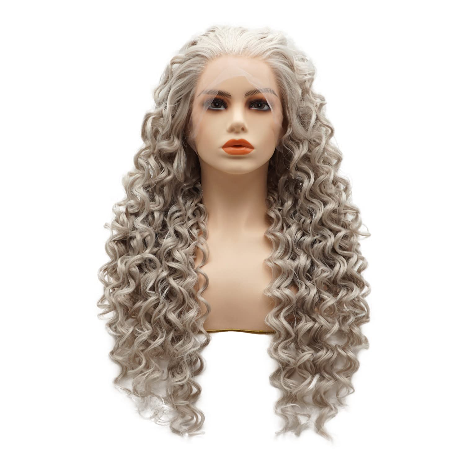 Hair Synthetic Lace Front Wig Curly Long 26inch Gray Heavy Density Realistic Wig