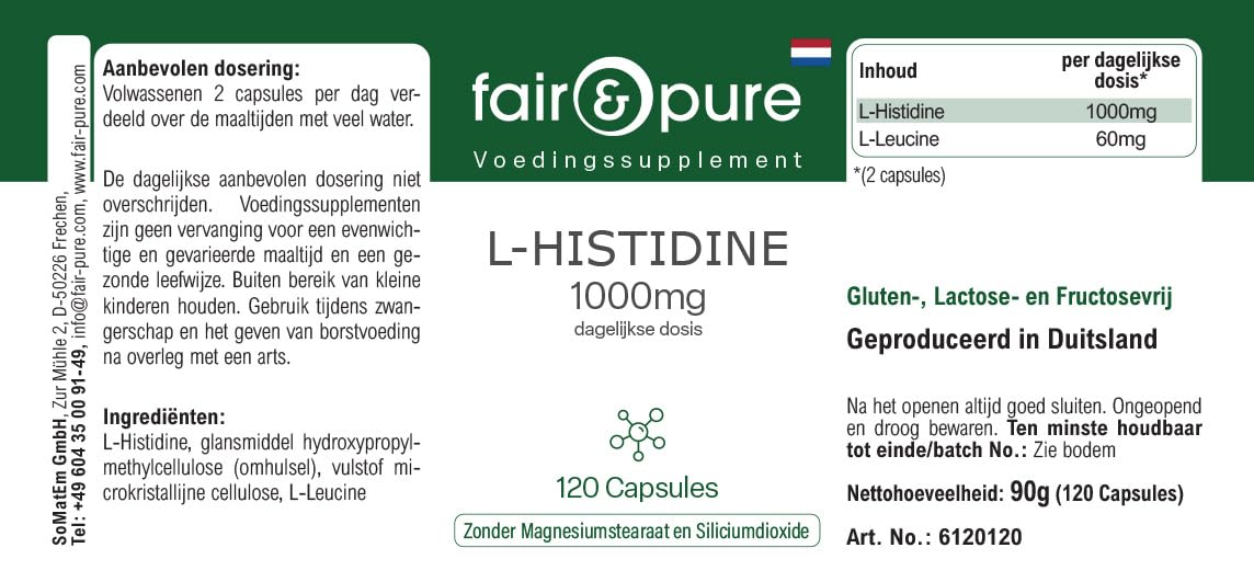 Fair & Pure L-Histidin 1000mg, 120 Kapseln, Aminosäure, veganes Nahrungsergänzungsmittel ohne Zusätze, in Deutschland hergestellt (Packung mit 2)
