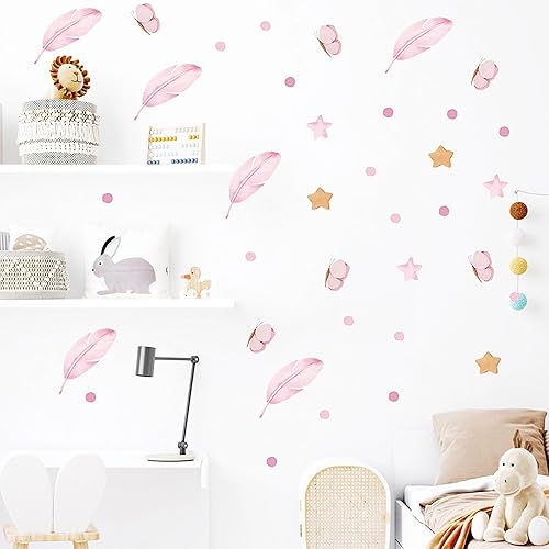 Miniatura 5 de sacinora - 6 hojas de 72 calcomanías de pared de plumas rosadas, diseño de estrellas y mariposas de plumas rosas, calcomanías de pared de lunares