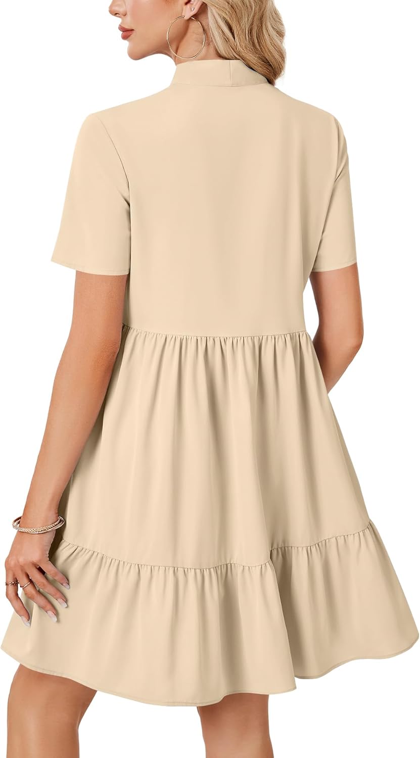 Rooscier Women's Bow Tie Neck Short Sleeve Ruffle Tiered A Line Babydoll Swing Mini Dresses - Image 5