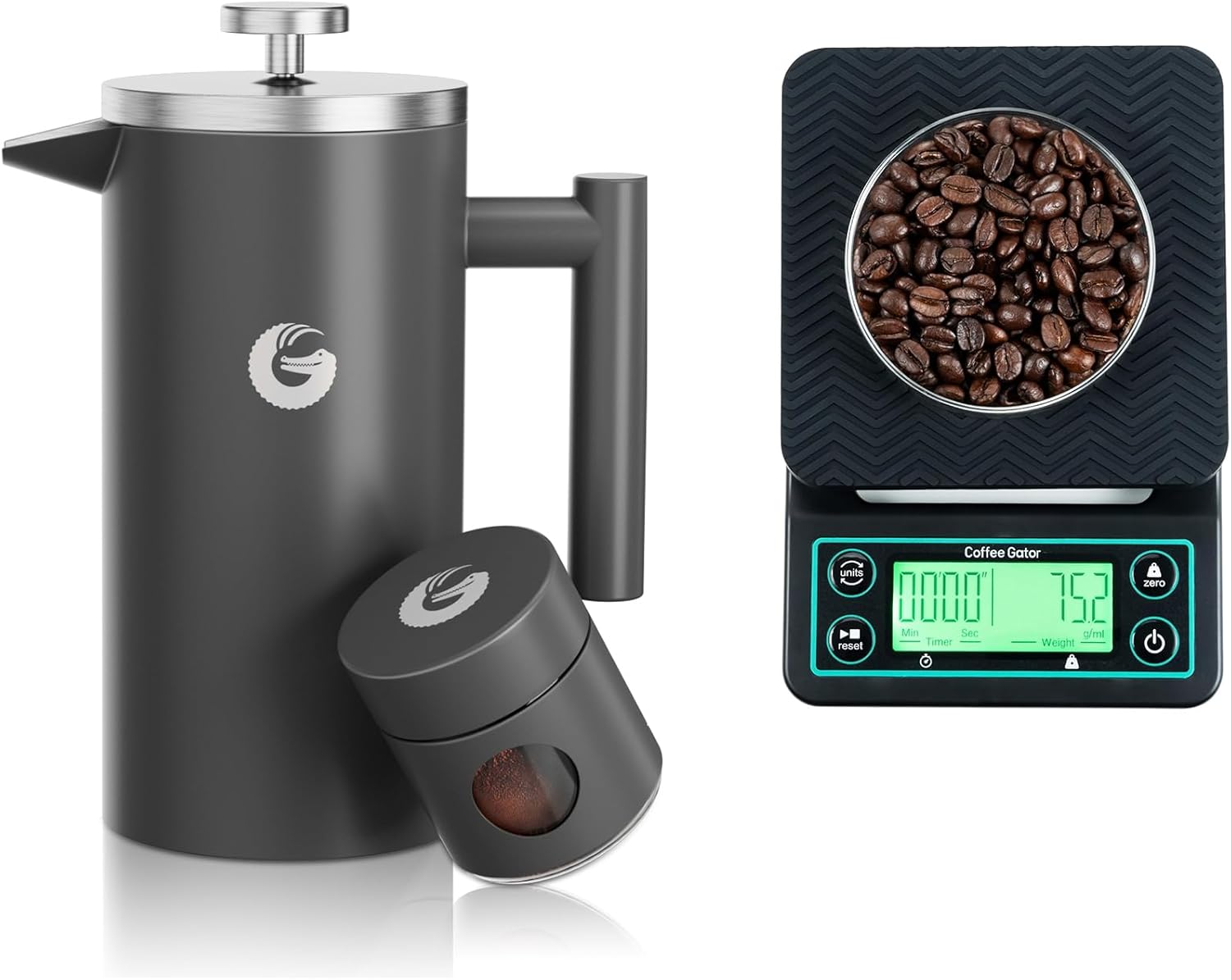 Coffee Gator French Press 34oz Gray and Coffee Scale 0.1 Precision with Timer