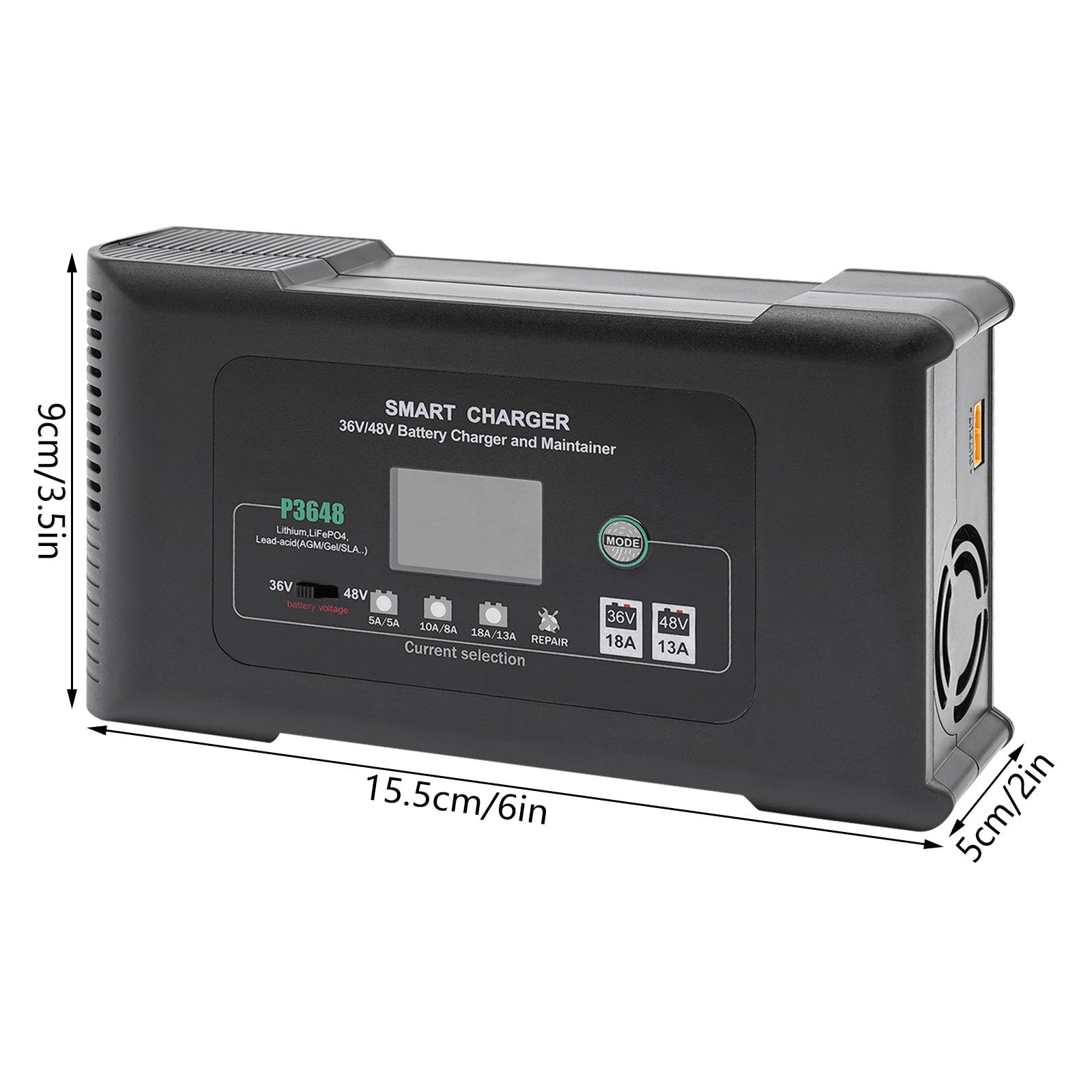 Cargador de coche de 36 V, 23 x 12,5 x 7 cm, cargador de batería inteligente rápido, para cargar baterías de litio, LiFePO4 y plomo-ácido