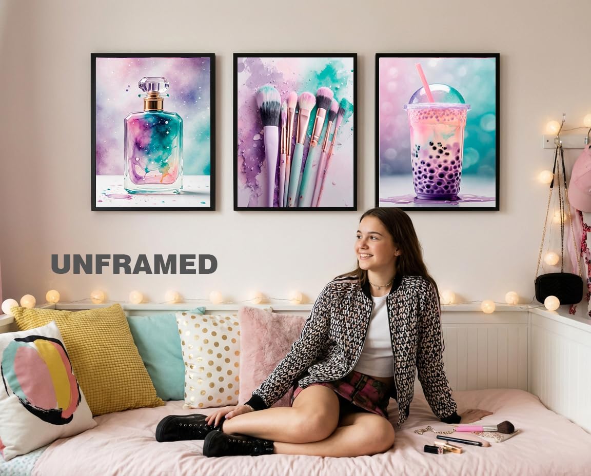 3Pcs Teen Girls Bedroom Wall Art Makeup Enthusiast Teenager Posters Painting Drinks Makeup Brushes Perfumes Prints Picture Pink Purple Teal splash Wall Decor Canvas for Teen Girls 16x24 inch Unframed