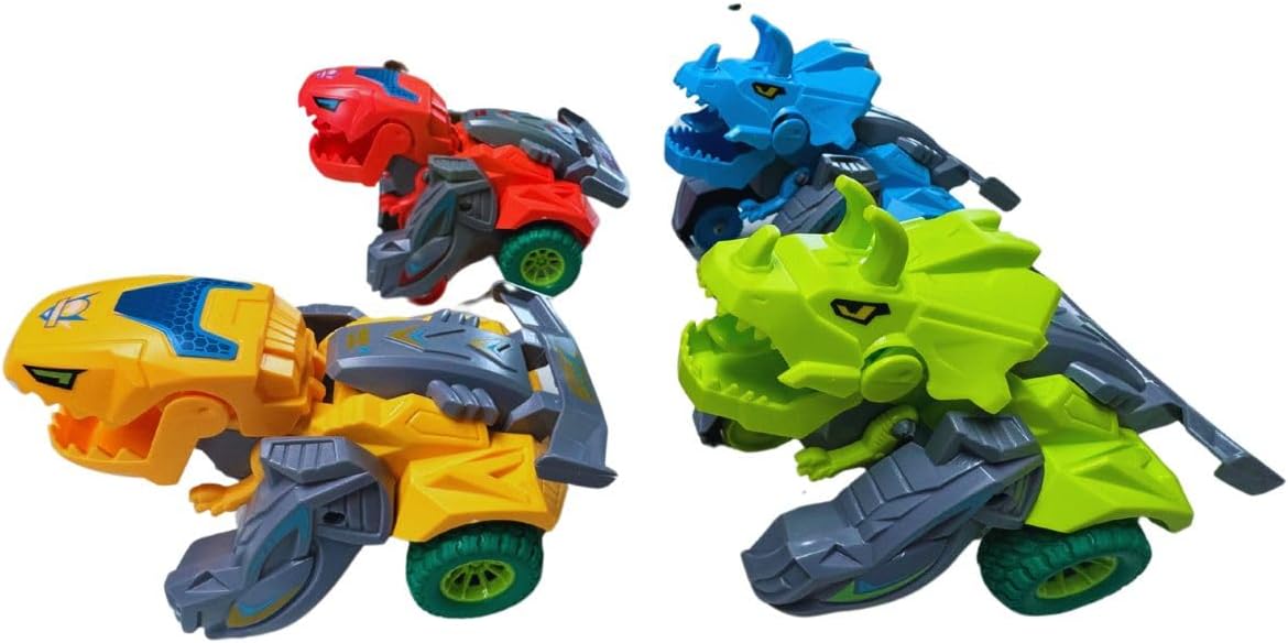 Impact Transforming Dinosaur Cars, Set of 4. Four Friction Powered Stunt Cars Transform Instantly on Impact.