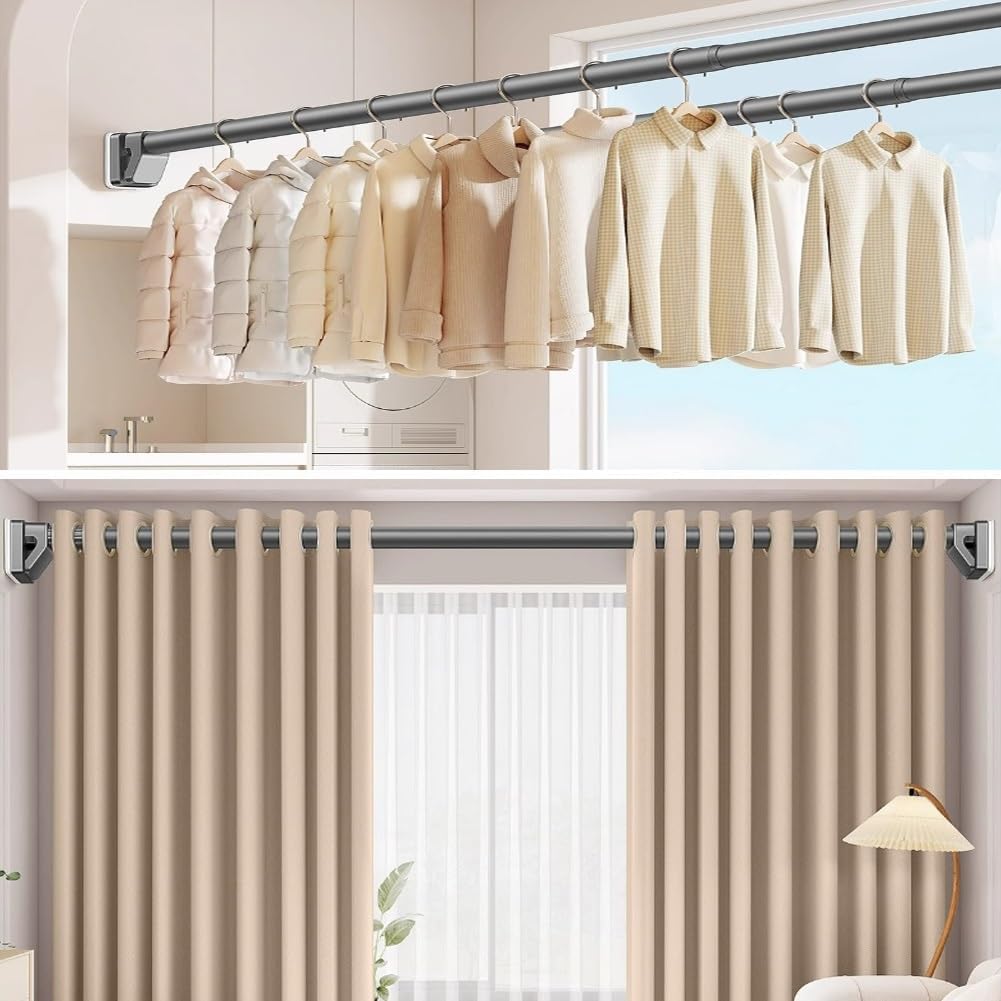 16-193in Telescopic Curtain Rod Adjustable Spring Loaded Tension Rod For Windows Bathroom Wardrobe No Drilling/Anti-slip/Rustproof(Gray,75-102in)
