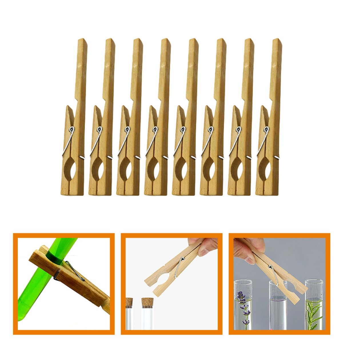 SECFOU 8 Pinces en Bambou pour Tubes à Essais de Laboratoire, Robustes et Fiables, Clips Marron Adaptés aux Expériences en Laboratoire Scientifique