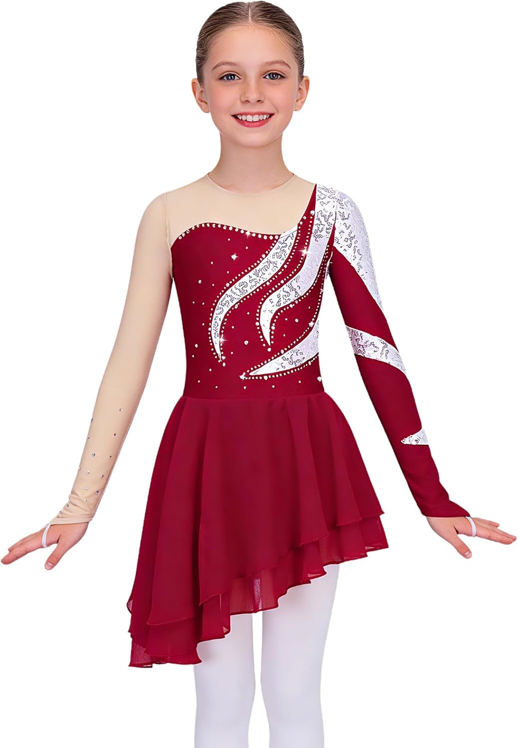 Jugaoge Girls Sequined Figure Ice Skating Dress Long Sleeve Sheer Mesh Asymmetrical Lyrical Dance