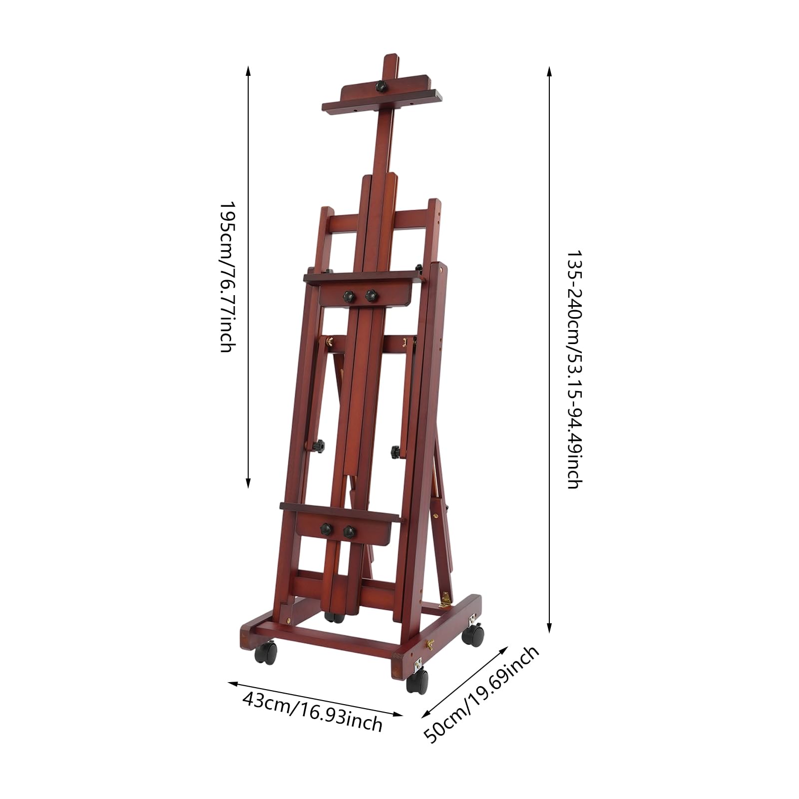 Caballete de estudio versátil con marco en H, altura ajustable de 53,15 a 94,49 pulgadas, con ruedas para pintura y visualización, caballete de madera grande para pintura 50 x 43 x 135-240 cm