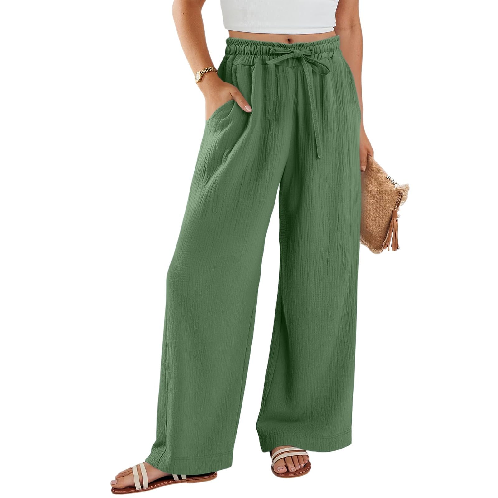 HswsEJ Womens Baggy Wide Leg Pants Dressy Casual Palazzo Summer Cotton Linen Pants Textured Drawstring High Waisted Flowy Long Trousers with Pockets Lounge Travel Boho Beach Cover Up Pant Loose Fit