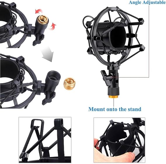 47-53mm AT2020 Microphone Shock Mount with Metal Screw Adapter, Adjustable Anti Vibration High Isolation Metal Mic Mount Holder Clip for Diameter of 47-53mm Microphone
