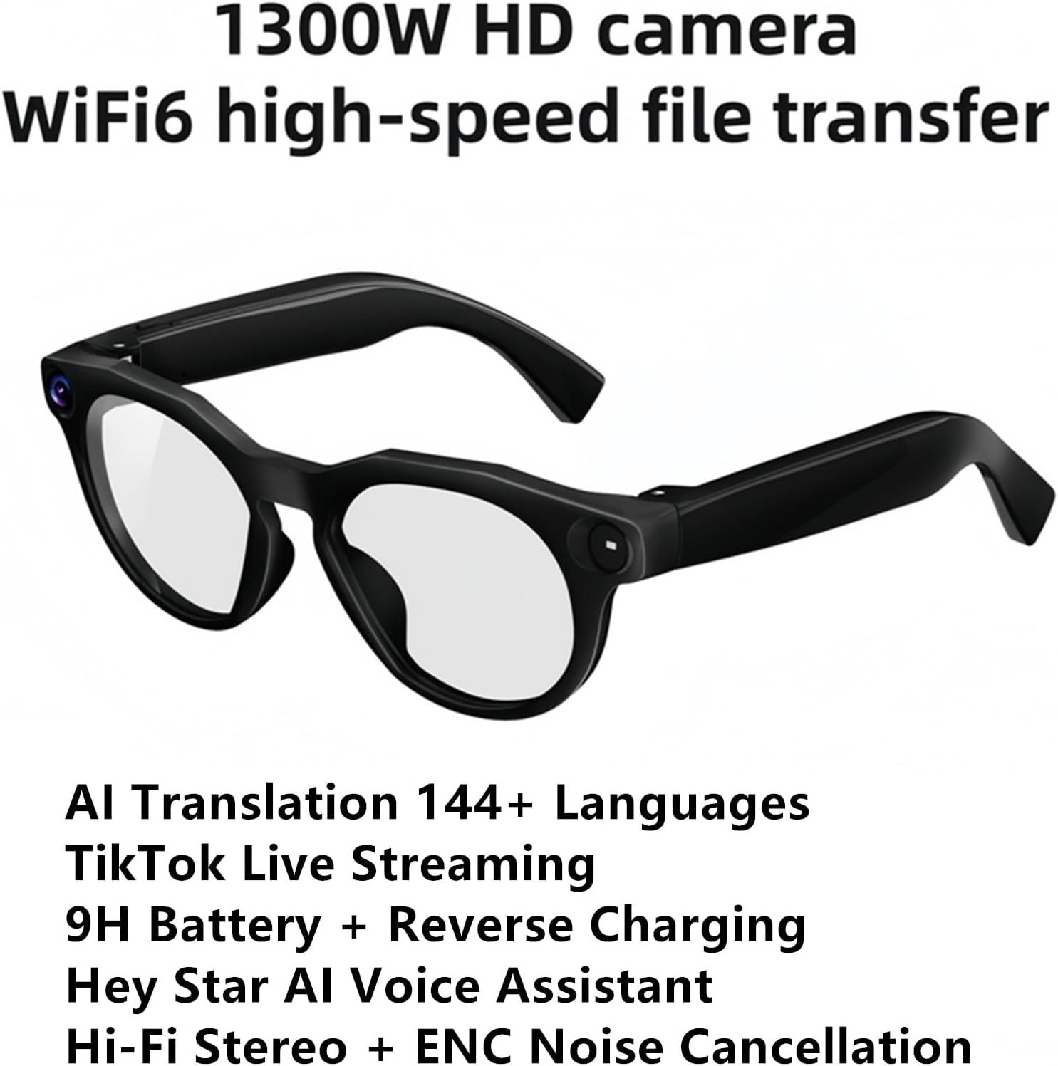 Tuanzi Smart Glasses with Camera 1300W 2K Video Recording AI Translation Glasses WiFi6 Bluetooth 5.3 Smart Camera Glasses for TikTok Live Streaming EIS Anti-Shake AI Voice Assistant Music Calls