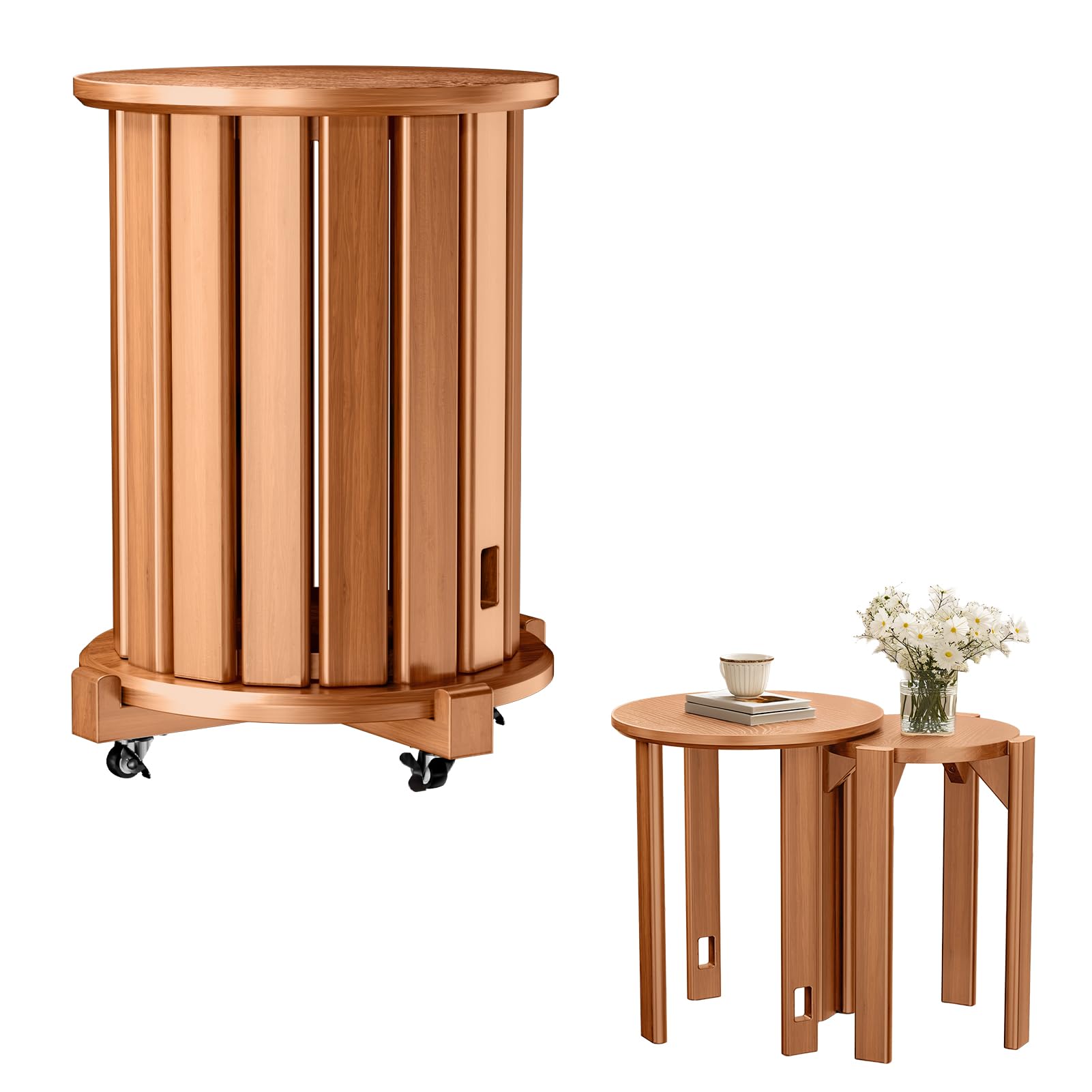 tekrabea Round Stackable Stools Set of 4, Wooden Nesting Chairs on Wheels, No Assembly Required Round Stacking Stool for Kitchen, Living Room, Bar, Dorm (Wooden)