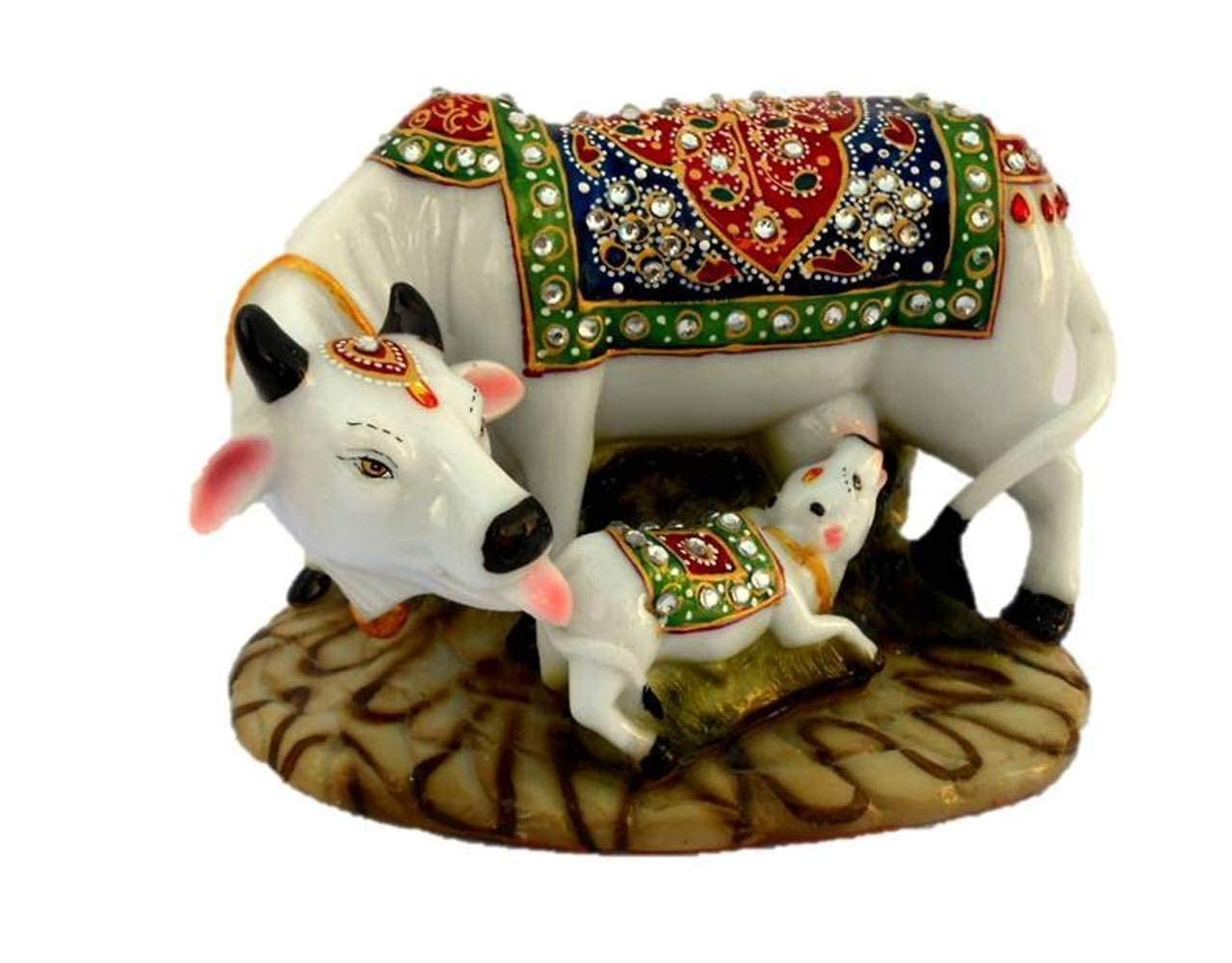 Aashita Creations Decorative Cow and Calf Big Statue, Marble Poly-Resin,Spiritual Vastu Nandi Pooja Figurine Sculpture, Kamdhenu Designer Stone Studded Gau MATA Animal Puja Idol Gift I