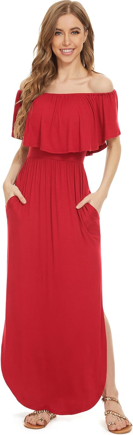 LILBETTER Womens Off The Shoulder Ruffle Party Dresses Side Split Beach Maxi Dress