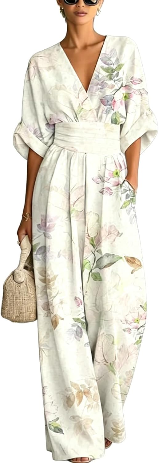 C'est TT Jumpsuit Damen Sommer Elegant mit Ärmel Overall Festlich Lang Tailliert Hosenanzug Hochzeitsgast Weites Bein Buisness Romper Jumpsuits Halbarm Playsuit mit Tasche
