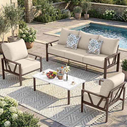 Outdoor Patio Furniture Set, 4 Pieces Metal Patio Furniture Set with Coffee Table, Modern Outdoor Patio Conversation Seating Set with 6” Thick Cushions, Beige