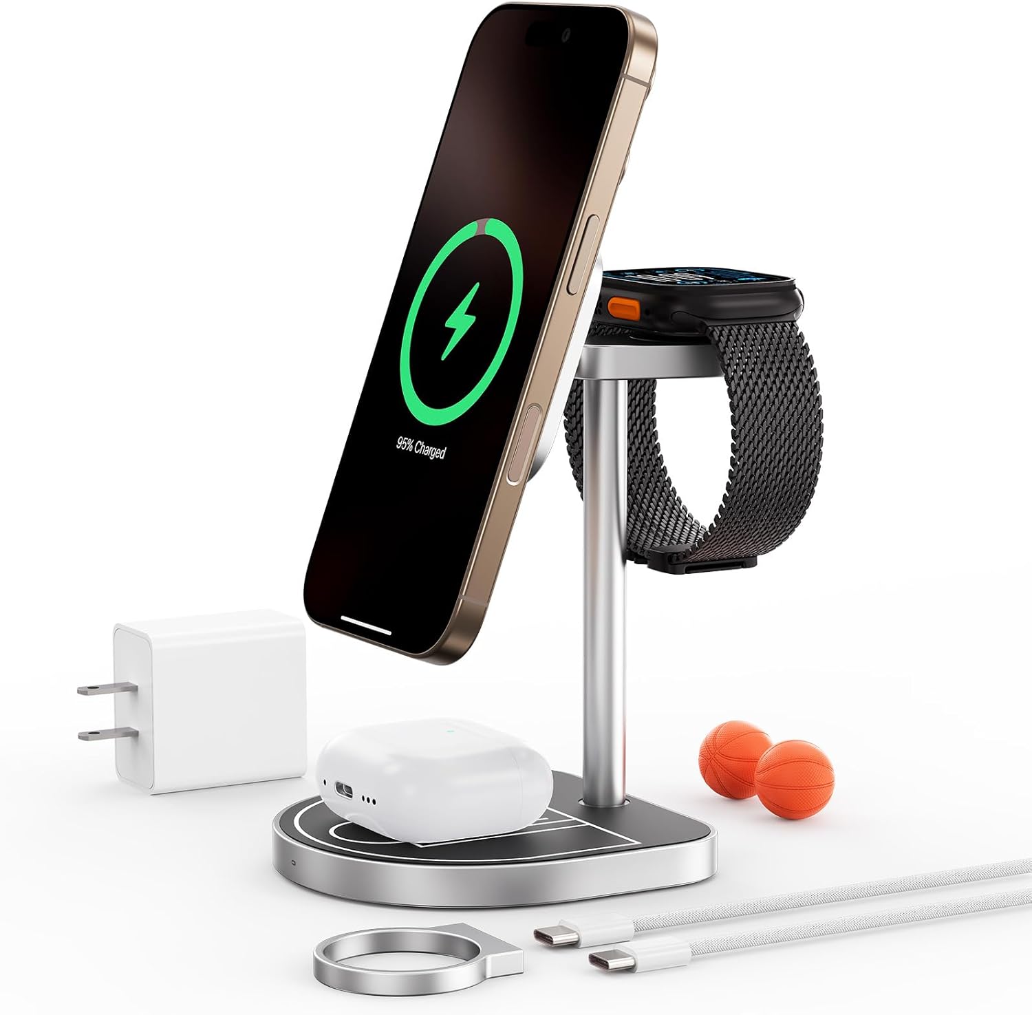 KU XIU X85 3-in-1 Wireless Charger Stand, Magnetic Charging Station for iPhone 17–12 & iPhone Air, Apple Watch S11–4/SE/Ultra, AirPods 4/3/2/Pro – Adjustable Stand, Basketball Court-Inspired Design
