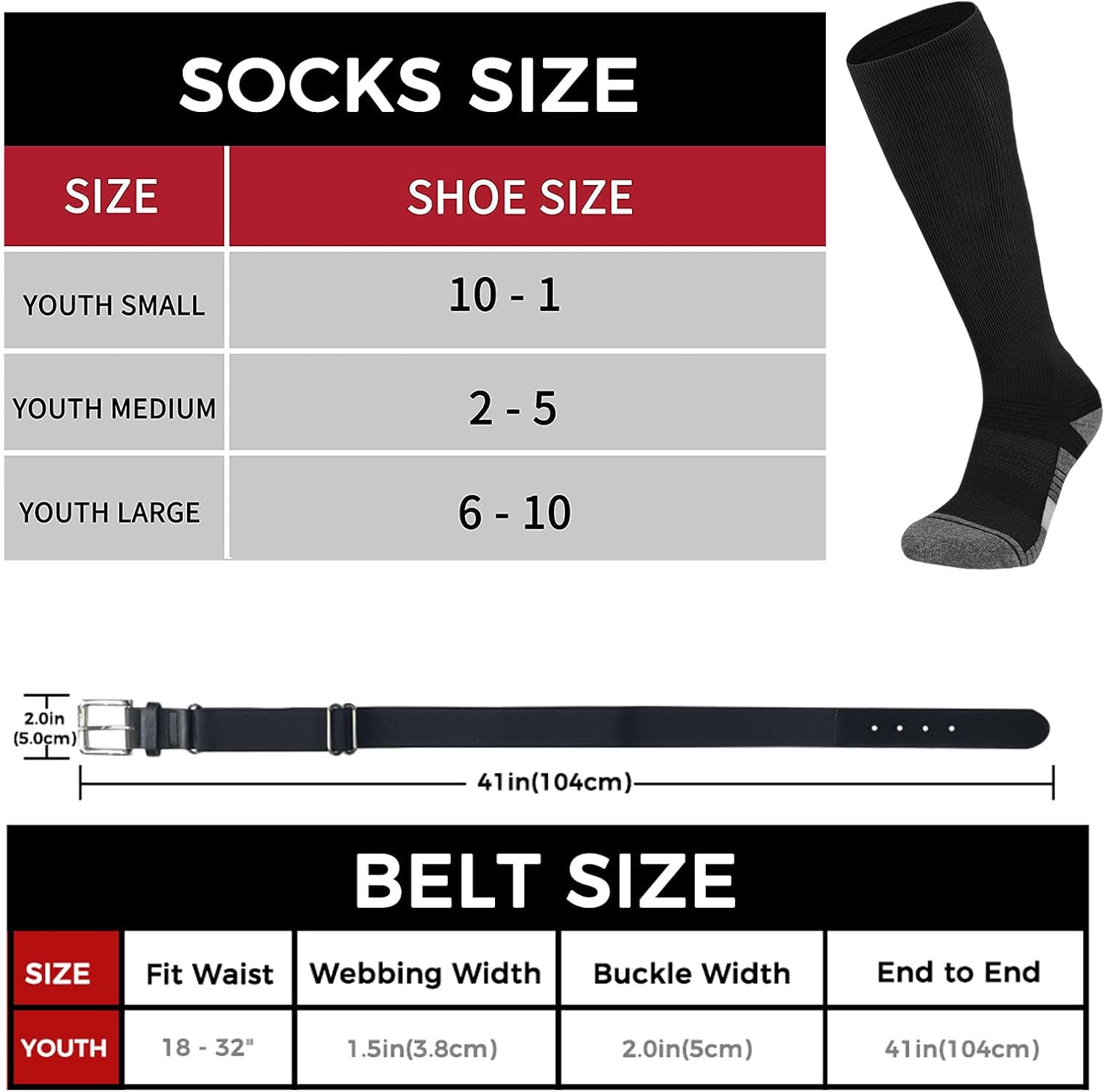 Youper Youth Elite 3 Pairs of Cotton Baseball & Softball Socks & Belt for Boys & Girls