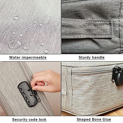 Image of Gray Cotton Document Storage Box with Lock, Multi-Layer Organizer, Portable File Storage Bag for Home Office Travel, A4, Legal Size Files, Cash, Jewelry, Passport, Certificates