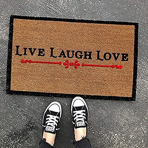 Image of Onlymat Live Laugh Love Printed Anti-Slip Doormat (Black and Brown) Rectangular Shaped Entryway Rug Natural Coir Material with PVC Backing for Outdoor Entrance Home Multipurpose Mats Floor Door Hall Drawing Room Living Room (90cm x 60cm)