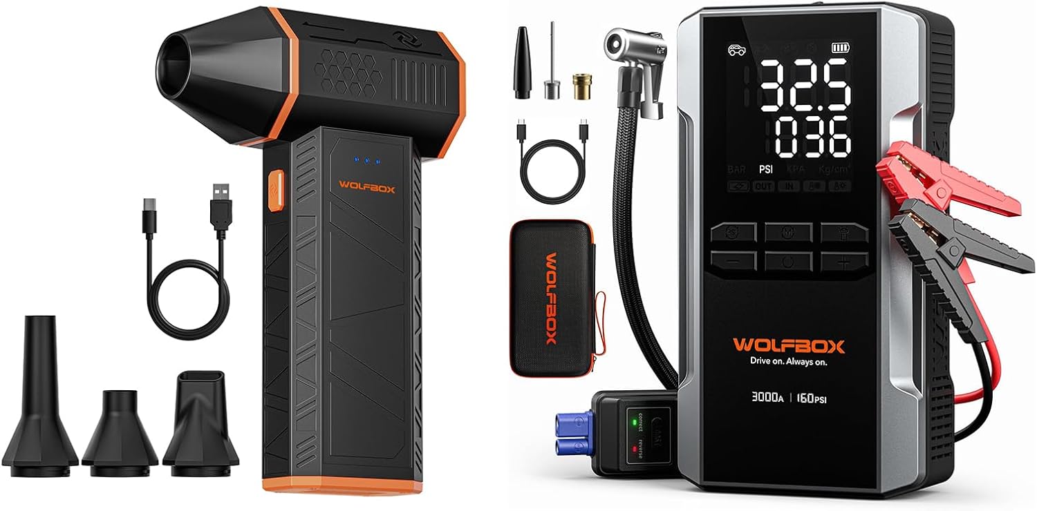 WOLFBOX MF50 Electric Air Duster-110000RPM Super Power Cordless Air Duster and WOLFBOX 3000A Jump Starter with Air Compressor, 16000mAh&160PSI Portable Car Battery Jump Starter