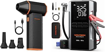 WOLFBOX MF50 Electric Air Duster-110000RPM Super Power Cordless Air Duster and WOLFBOX 3000A Jump Starter with Air Compressor, 16000mAh&160PSI Portable Car Battery Jump Starter
