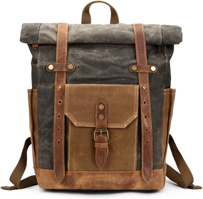 Mwatcher Canvas Leather Backpack Waterproof Rucksack for College