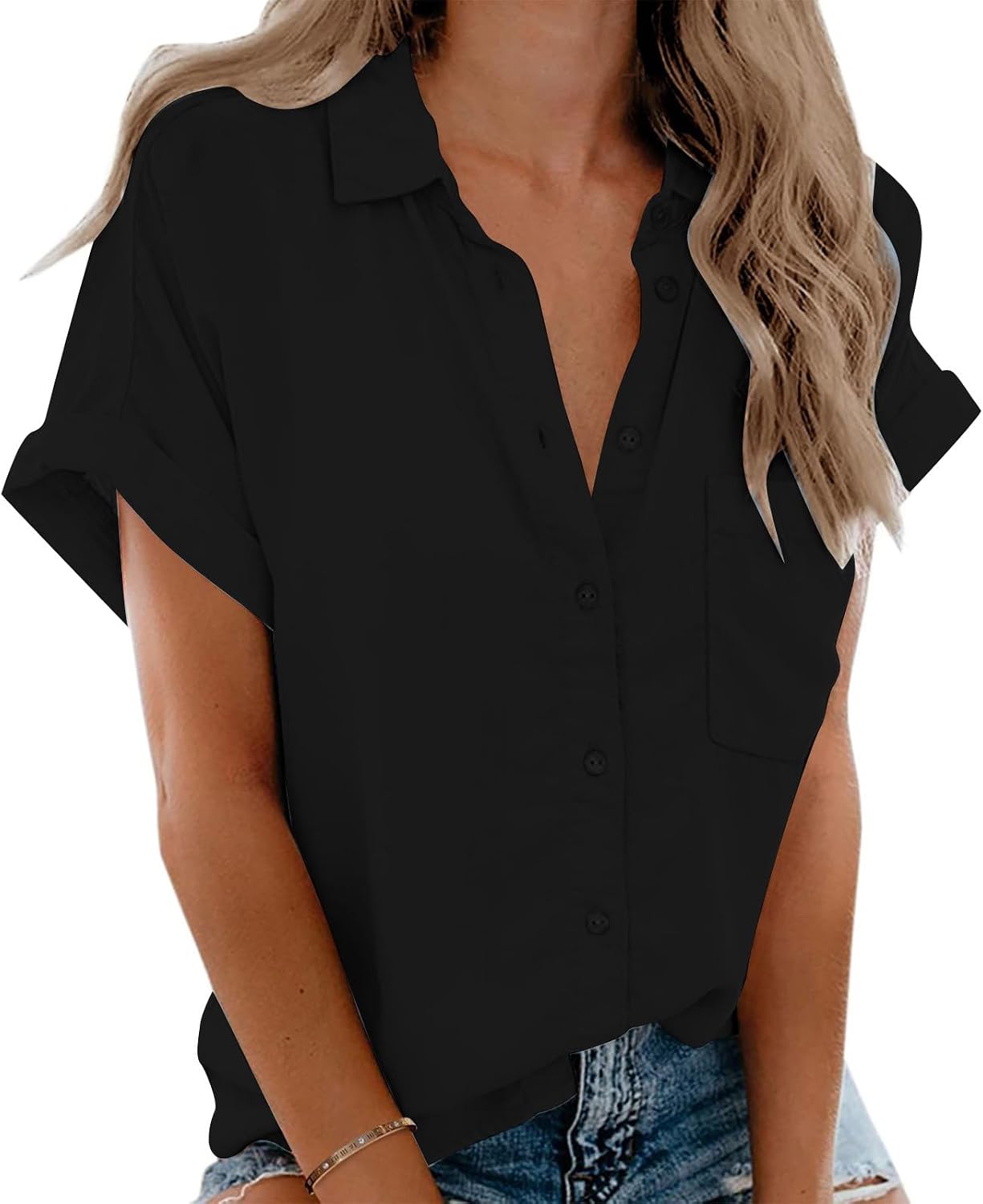 Women's Short Sleeves Blouse Tops Fashion Solid Cilor Button Down Lapel Shirt Loose Comfy Dressy Casual Shirts
