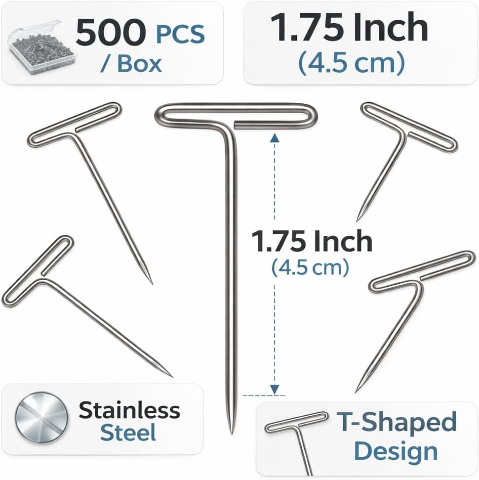 500PCS T Pins 1.75 Inch, Stainless Steel T-Shaped Straight Pins for Sewing, Wig Making, Foam Blocks, Knitting & Craft Projects