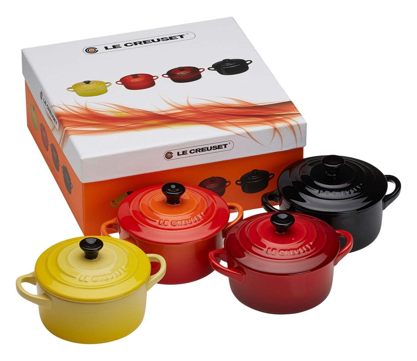 Le Creuset Steinzeug 4er Set Mini-Cocottes,0,2L Soleil, Ofenrot,Kirschrot,Schwarz