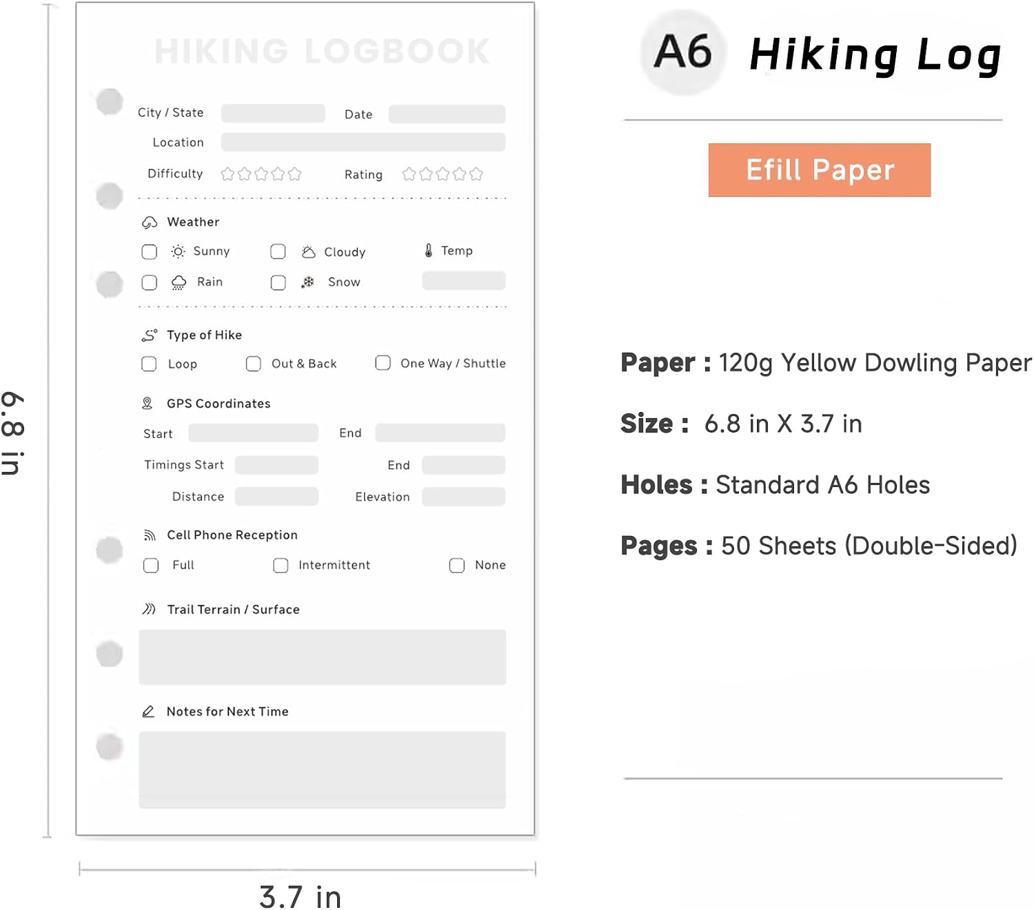 Hiking Logbook: A Hiker's log Refill Pages, Great Gift Idea for Hiker, Compact A6 Size (3.7in x 6.8in),Hiking Journals and Log books, Refill Paper for Binder Notebook, Notebook Refills